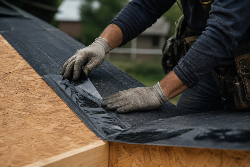 Roofer pressing ice and water shield membrane onto roof decking