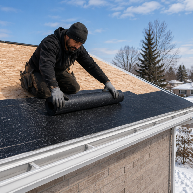 Roofer installing ice and water shield membrane along the eave of a roof deck