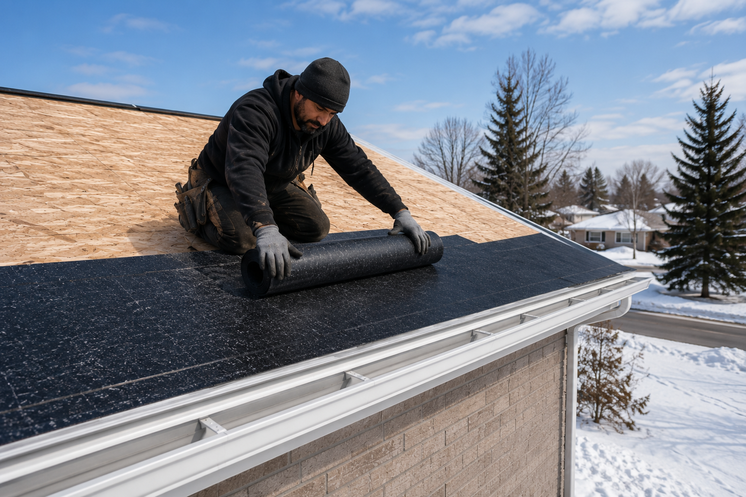 Roofer installing ice and water shield membrane along the eave of a roof deck