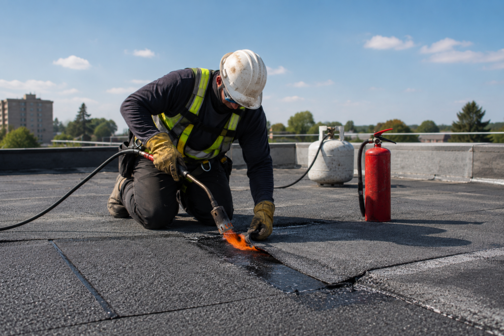 Roofer applying a torch-on modified bitumen patch to a flat roof