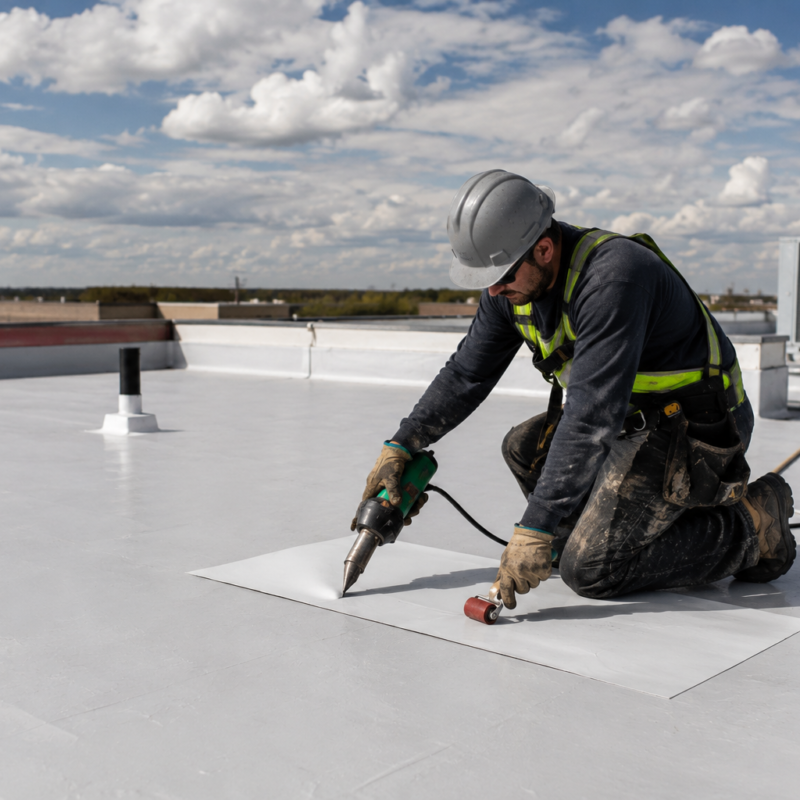 Roofer heat-welding a patch onto a TPO flat roof membrane on a commercial building