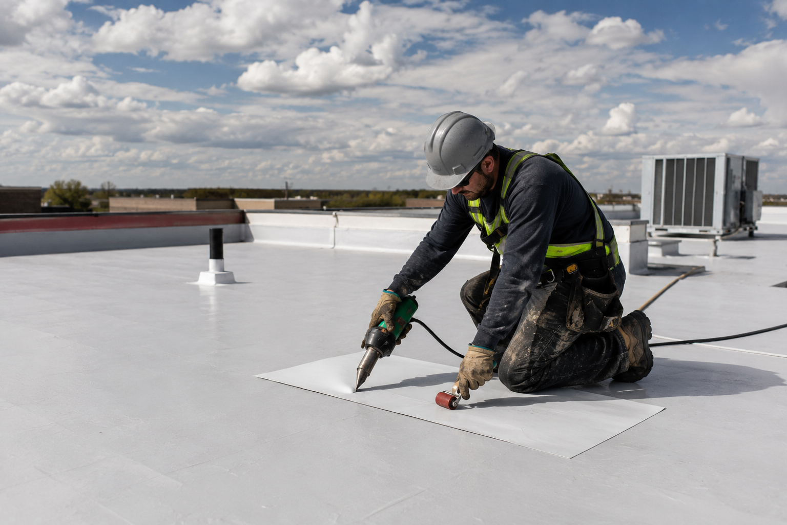 Roofer heat-welding a patch onto a TPO flat roof membrane on a commercial building
