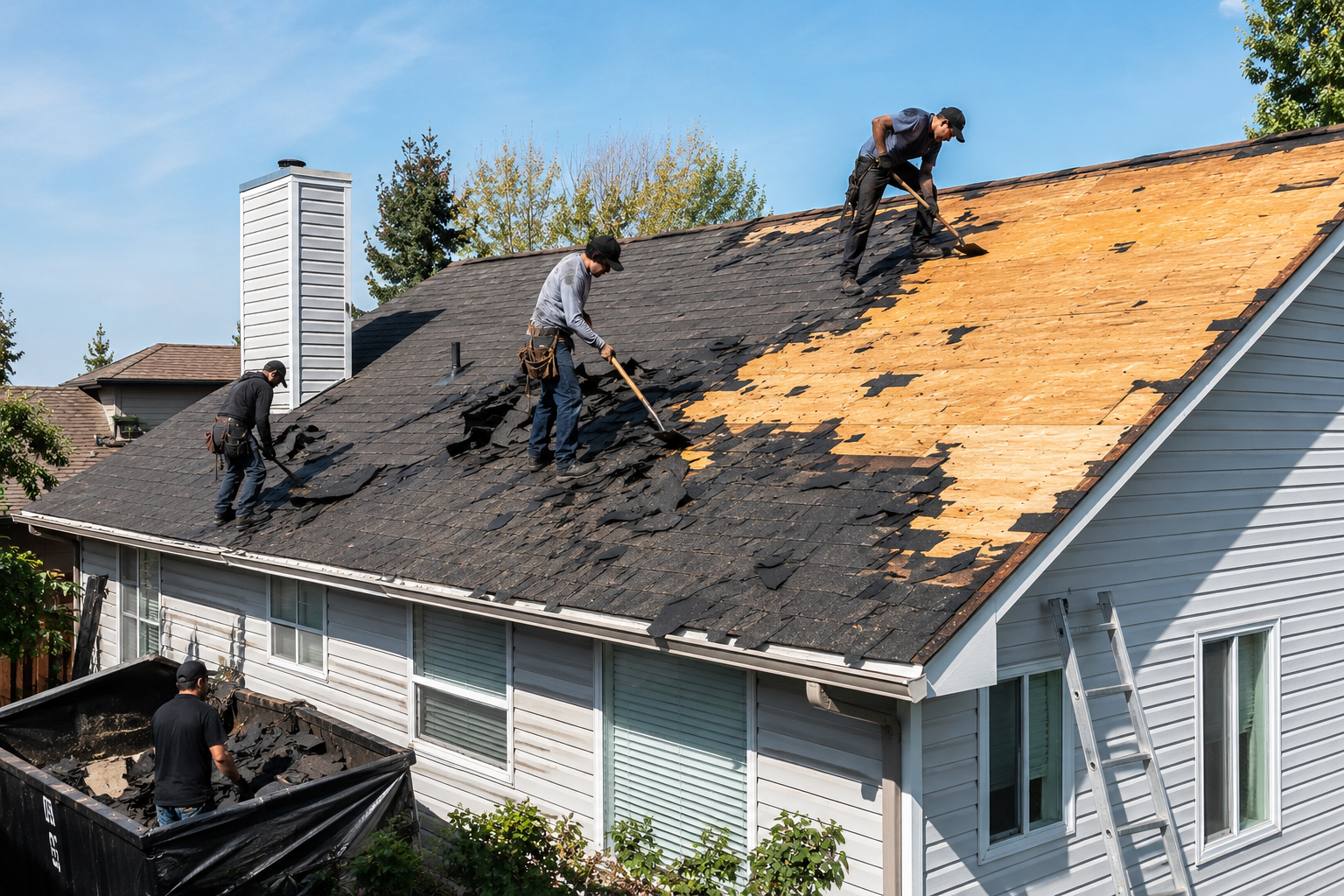Roofing crew tearing off an old roof on a Calgary home