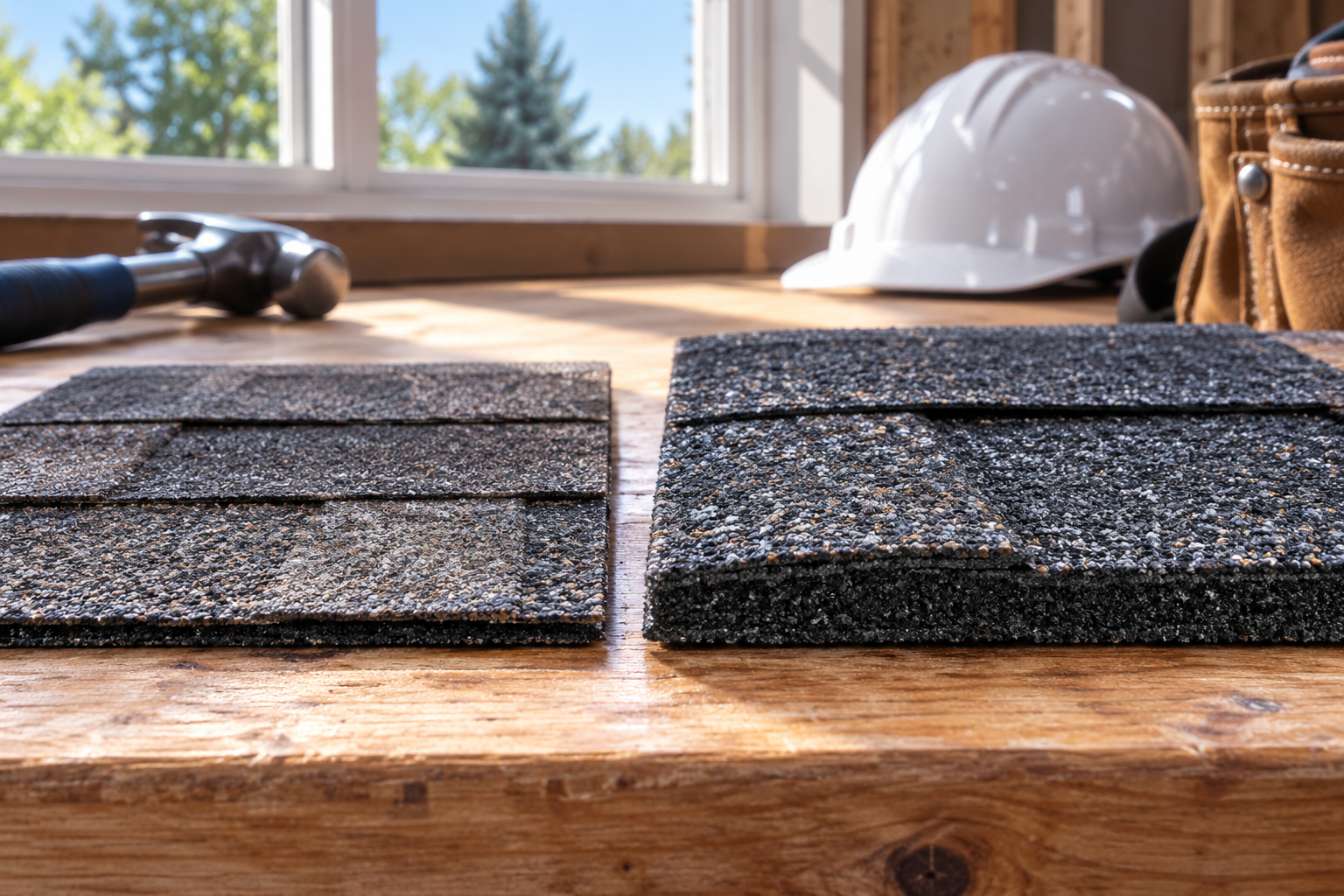 Standard architectural shingle next to a Class 4 impact-resistant shingle