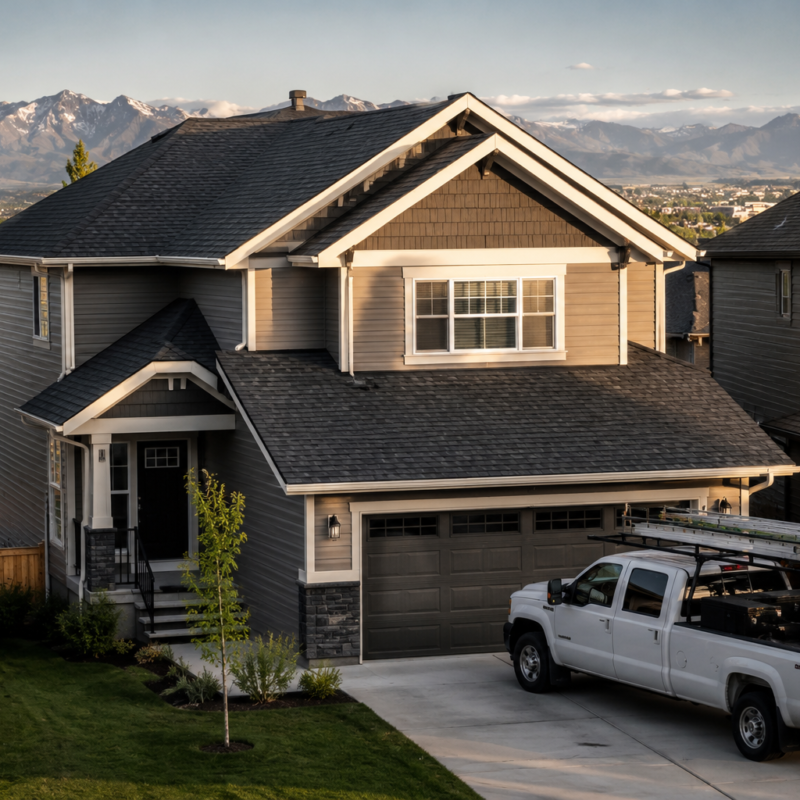 Photorealistic architectural photograph of a two-storey detached Calgary home with a freshly replaced charcoal architectural shingle roof, clean eaves and new flashing, a roofing crew truck in the driveway, mountains faintly visible on the horizon under a clear prairie sky. Shot on Canon EOS R5, 24-70mm f/2.8, warm late-afternoon light, realistic shingle texture and soft natural shadows, sharp focus, high resolution, no text overlay, no fake props.