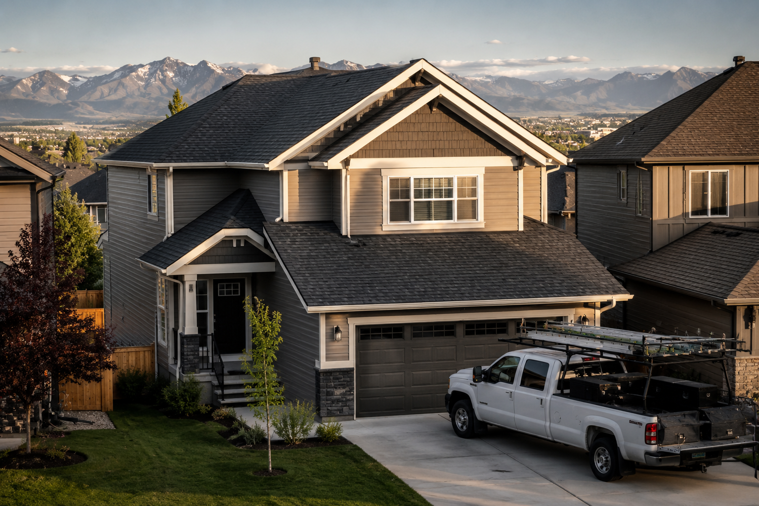 Photorealistic architectural photograph of a two-storey detached Calgary home with a freshly replaced charcoal architectural shingle roof, clean eaves and new flashing, a roofing crew truck in the driveway, mountains faintly visible on the horizon under a clear prairie sky. Shot on Canon EOS R5, 24-70mm f/2.8, warm late-afternoon light, realistic shingle texture and soft natural shadows, sharp focus, high resolution, no text overlay, no fake props.