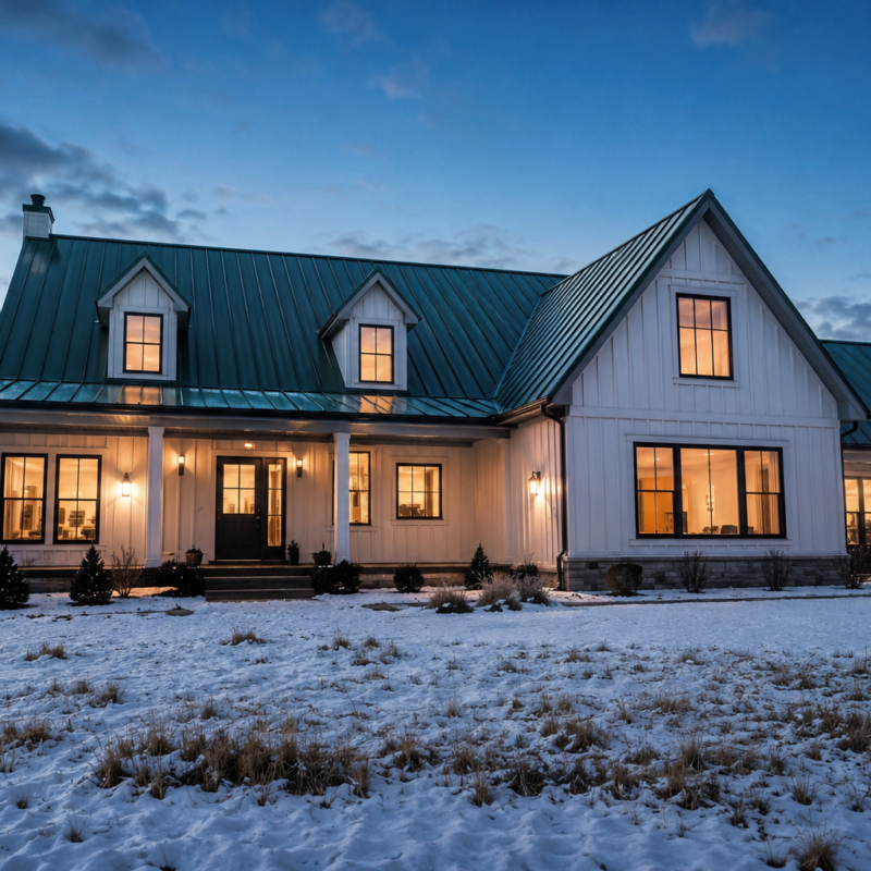 Wide architectural exterior of a farmhouse-style