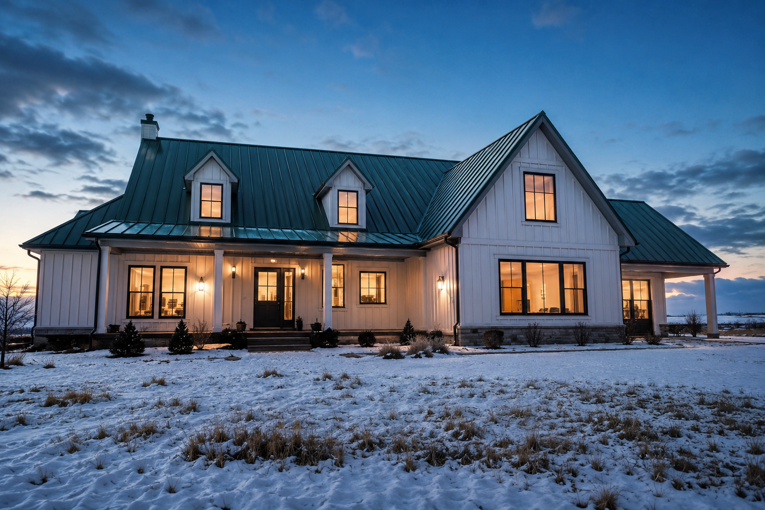 Wide architectural exterior of a farmhouse-style