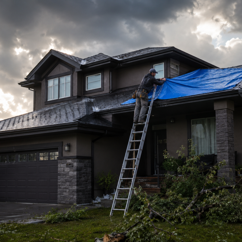 Roofer installing an emergency tarp on a storm-damaged Calgary home after a hailstorm