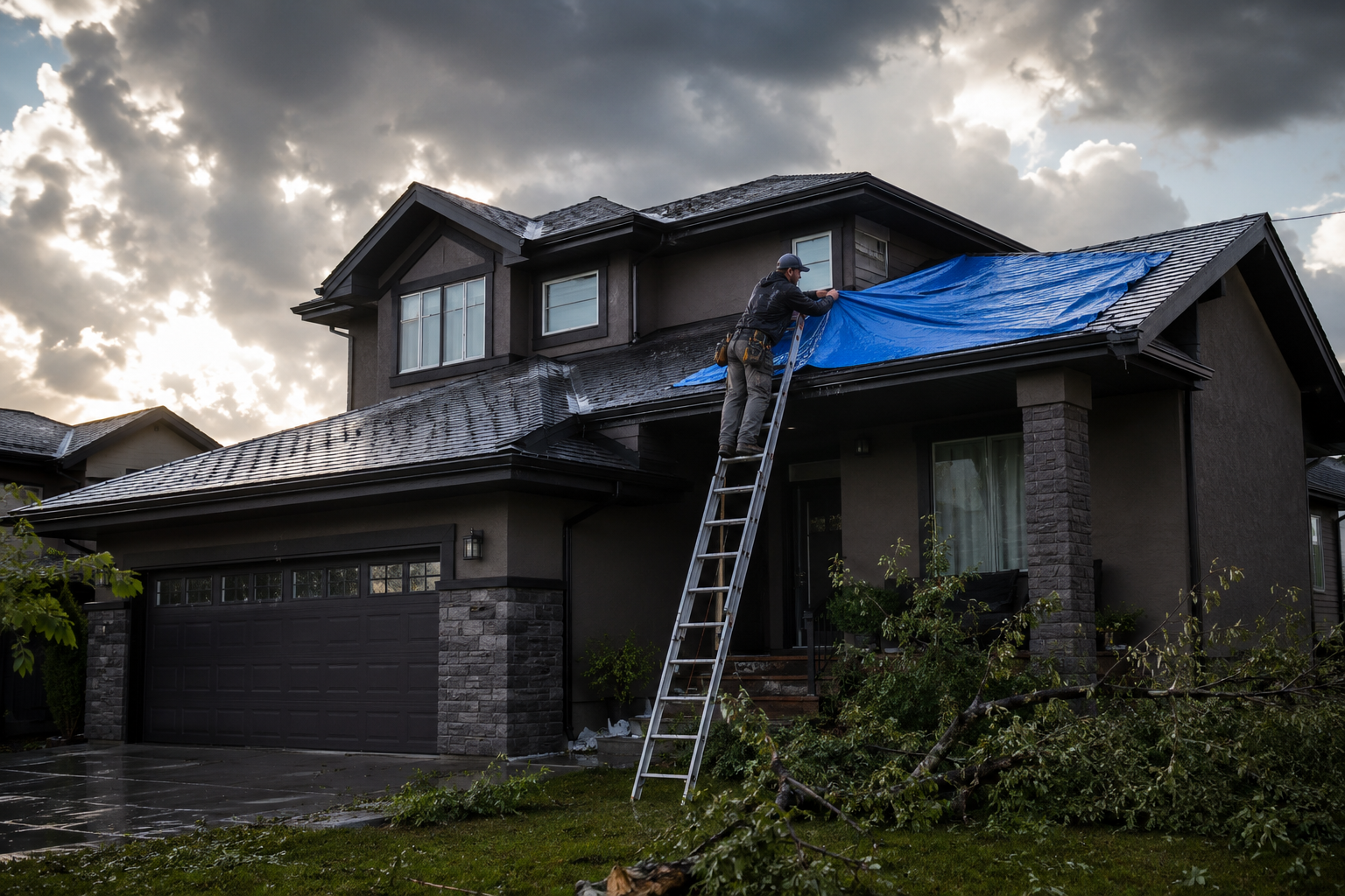 Roofer installing an emergency tarp on a storm-damaged Calgary home after a hailstorm