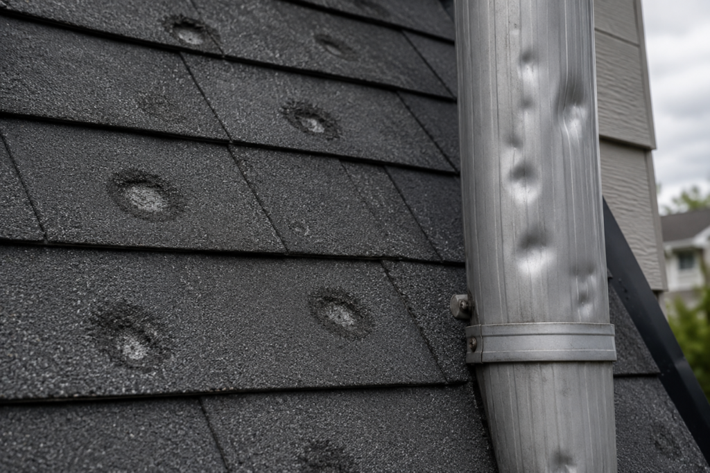 Close-up of hail damage and granule loss on asphalt shingles