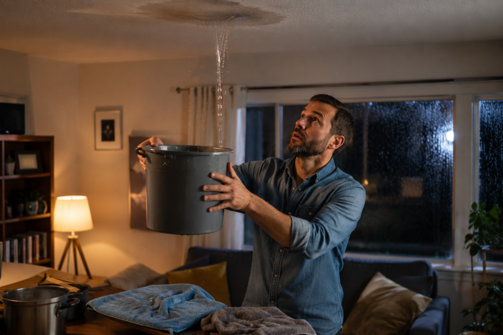 Homeowner containing a roof leak with a bucket during a storm