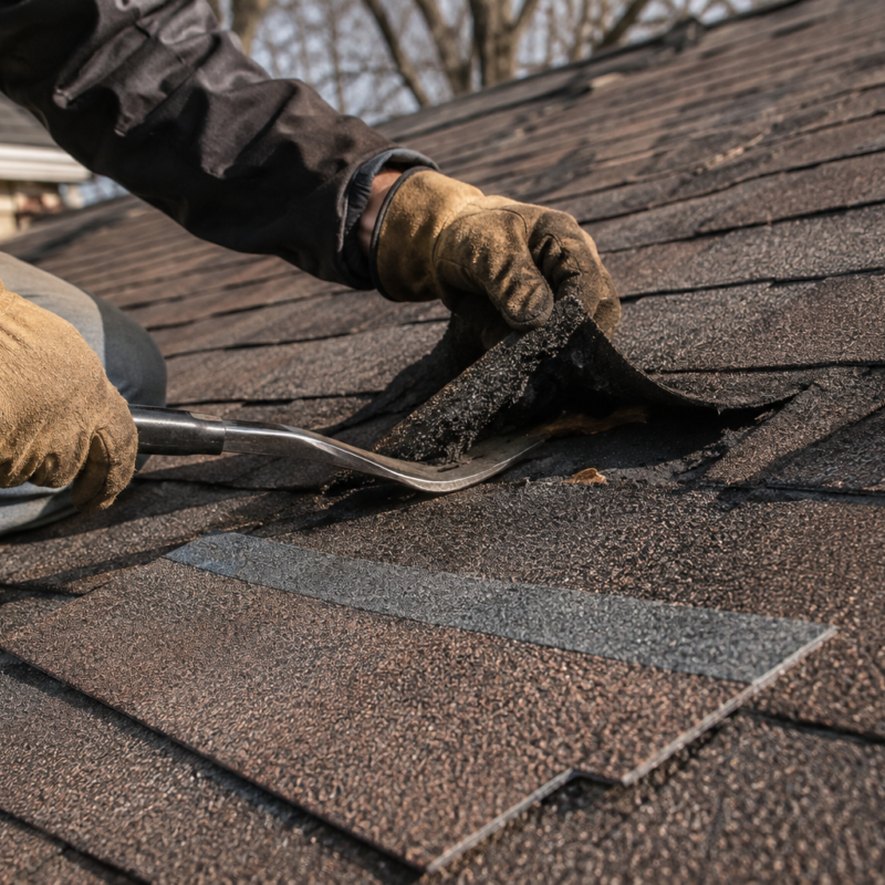 Gloved hands lifting a damaged asphalt shingle with a pry bar during a roof repair 