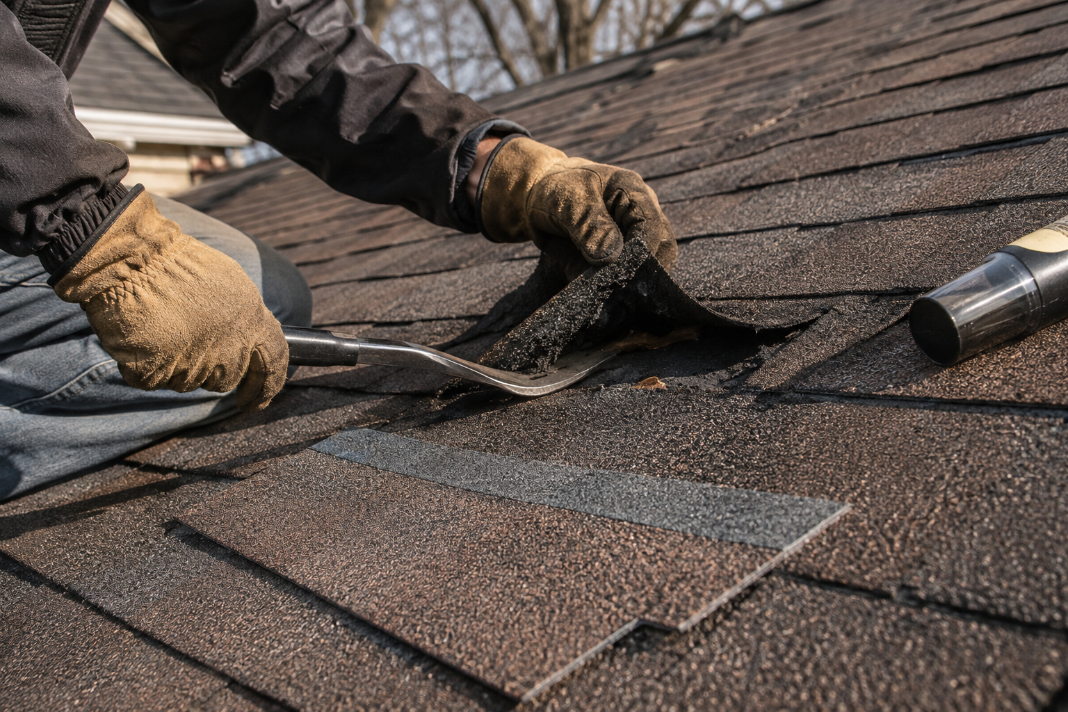 Gloved hands lifting a damaged asphalt shingle with a pry bar during a roof repair 