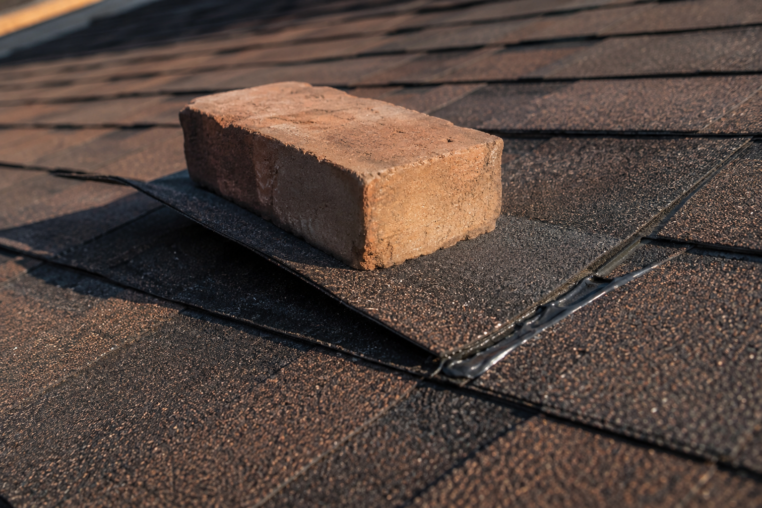 Brick weighing down a resealed curled shingle to set the roofing sealant