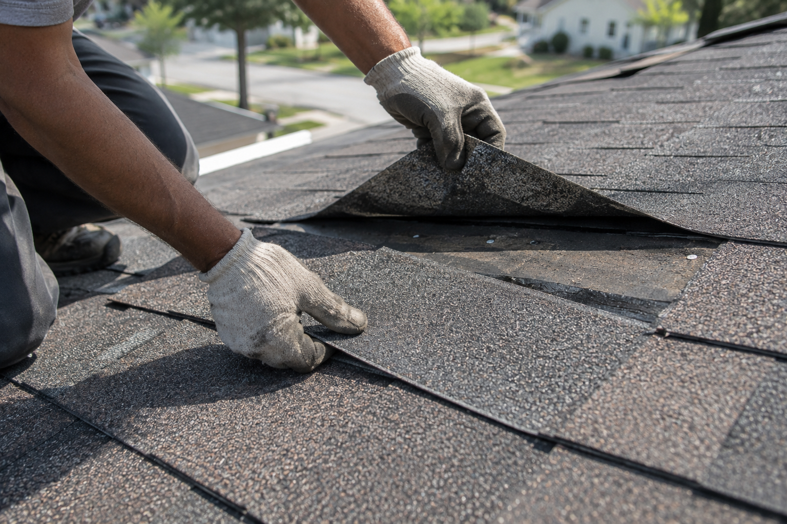 Roofer sliding a replacement shingle into a gap on a roof